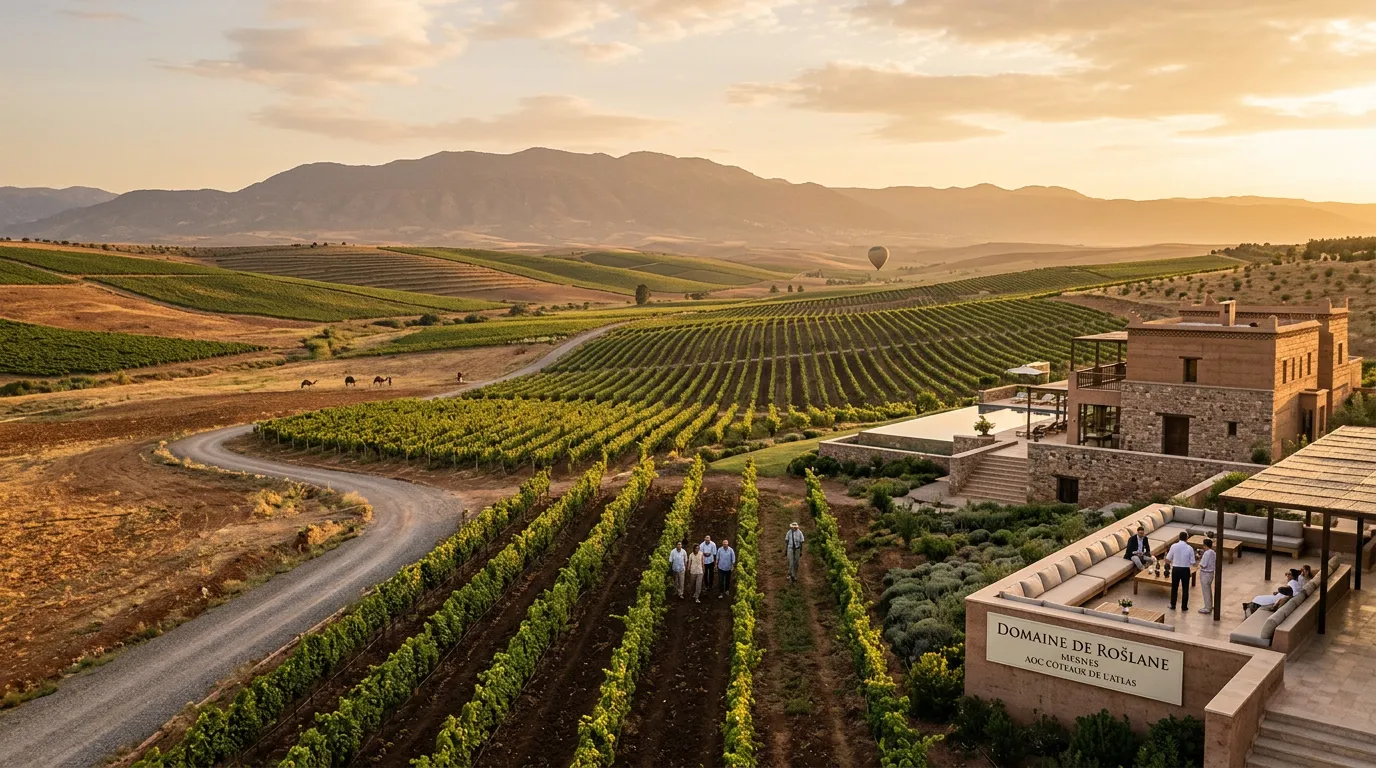 Vineyard landscape at golden hour with rows of grapevines stretching toward distant mountains