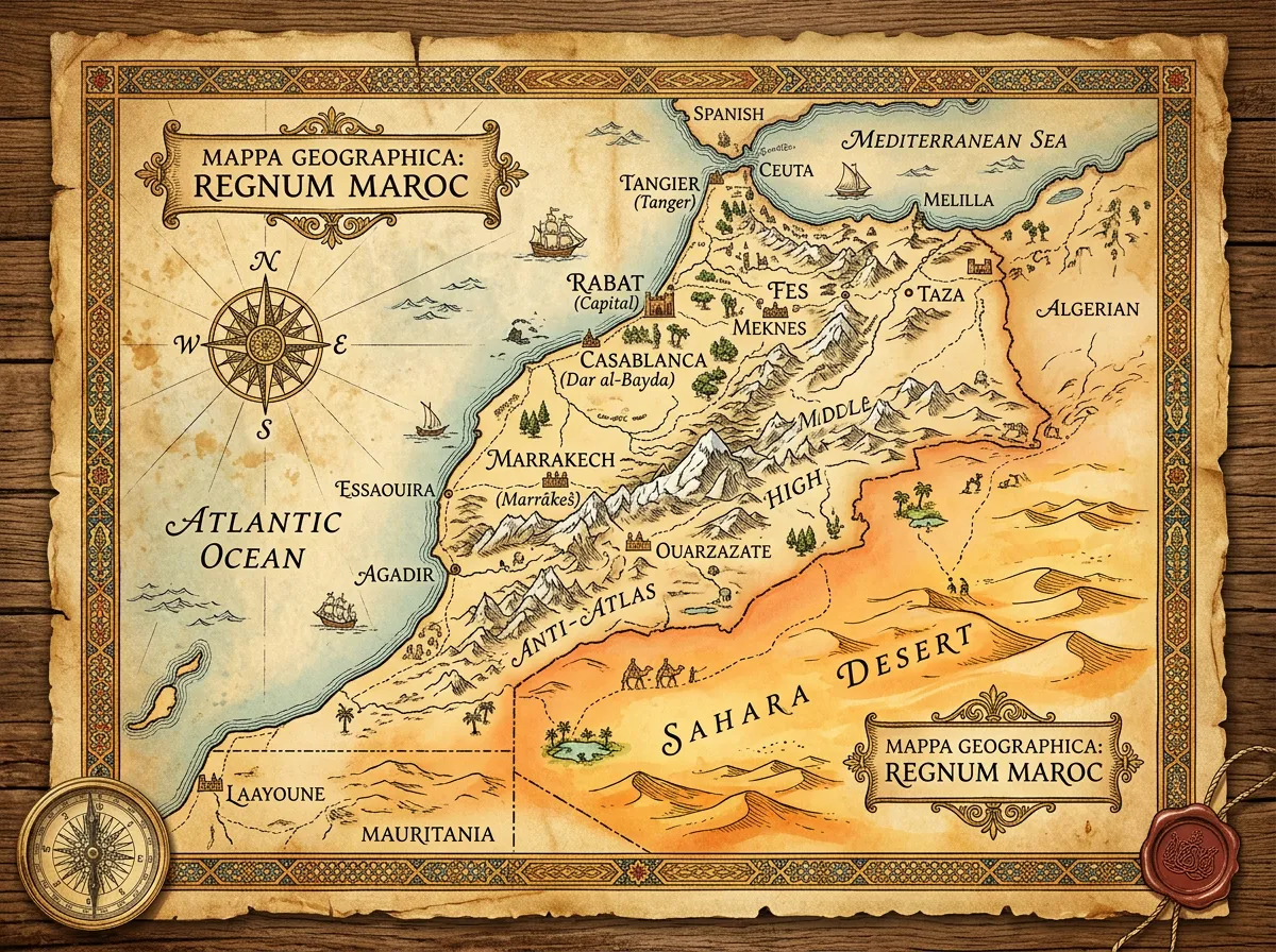 Illustrated map of Morocco showing major cities, landmarks, the Atlas Mountains, Sahara Desert, and Atlantic coastline