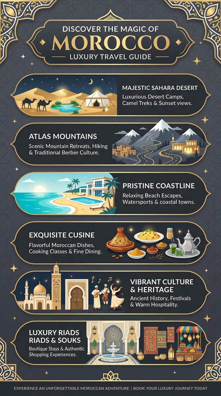Infographic showing key Morocco travel statistics, distances between cities, currency, climate zones, and useful facts