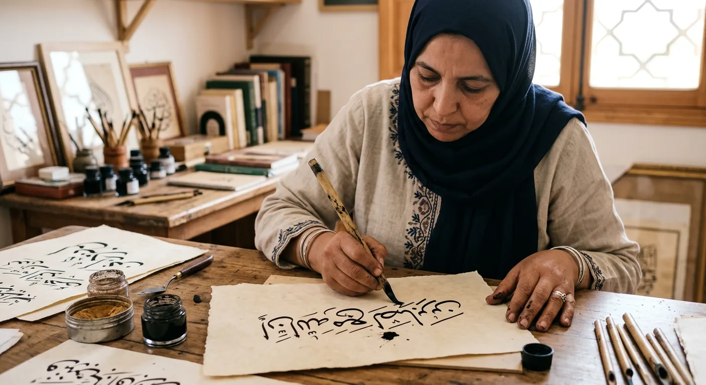 Traditional Arabic calligraphy on parchment, showing the artistic beauty of the Arabic script used in Morocco