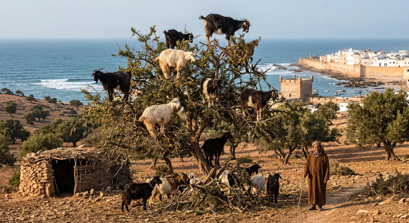 Ancient argan trees dotting the dry landscape of southwestern Morocco, a UNESCO Biosphere Reserve