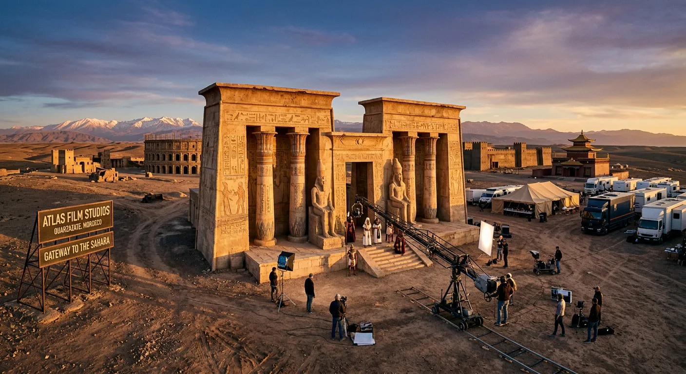 Film set props and ancient Egyptian temple replicas at Atlas Studios Ouarzazate
