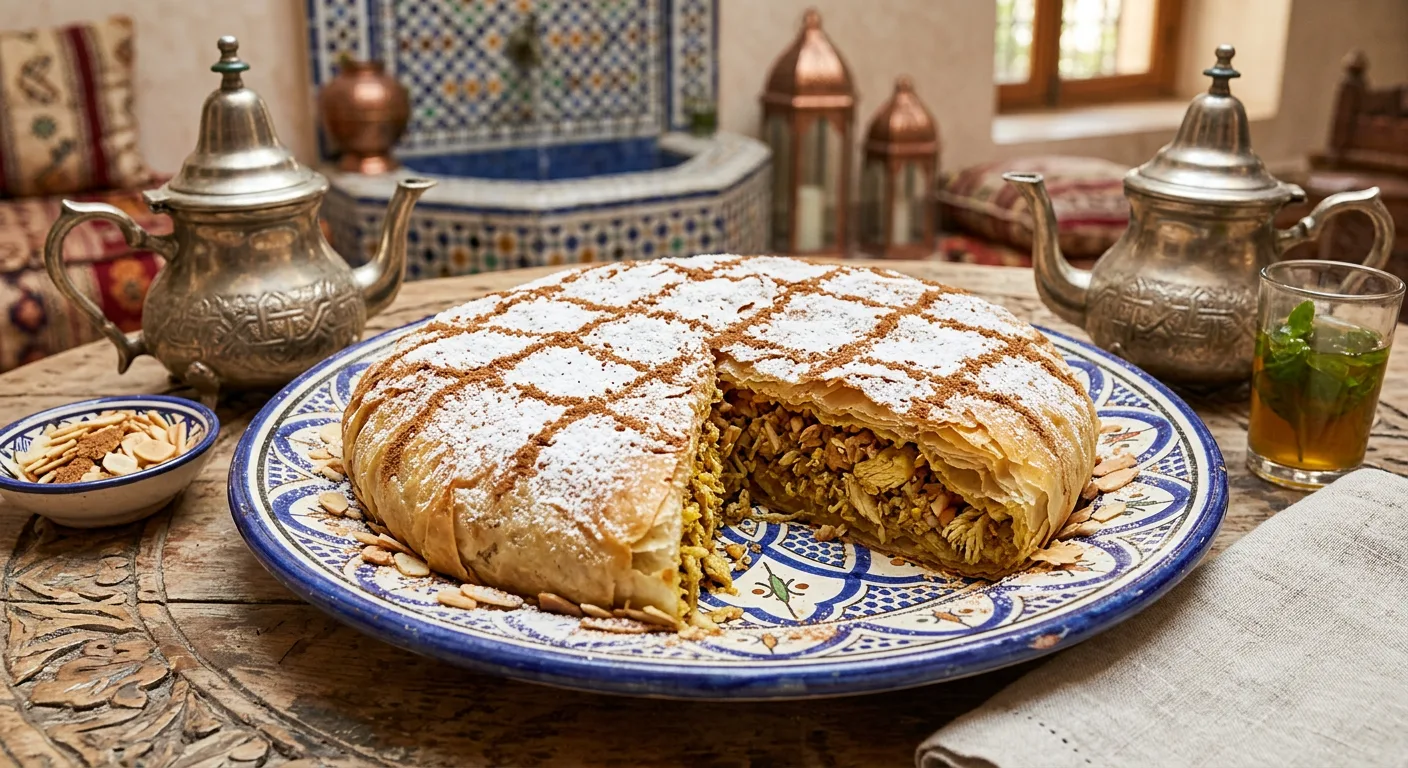 Golden Moroccan bastilla pastry dusted with powdered sugar and cinnamon