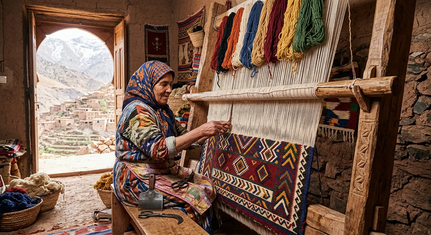 Close-up of an artisan hand-knotting wool threads on a Moroccan carpet loom