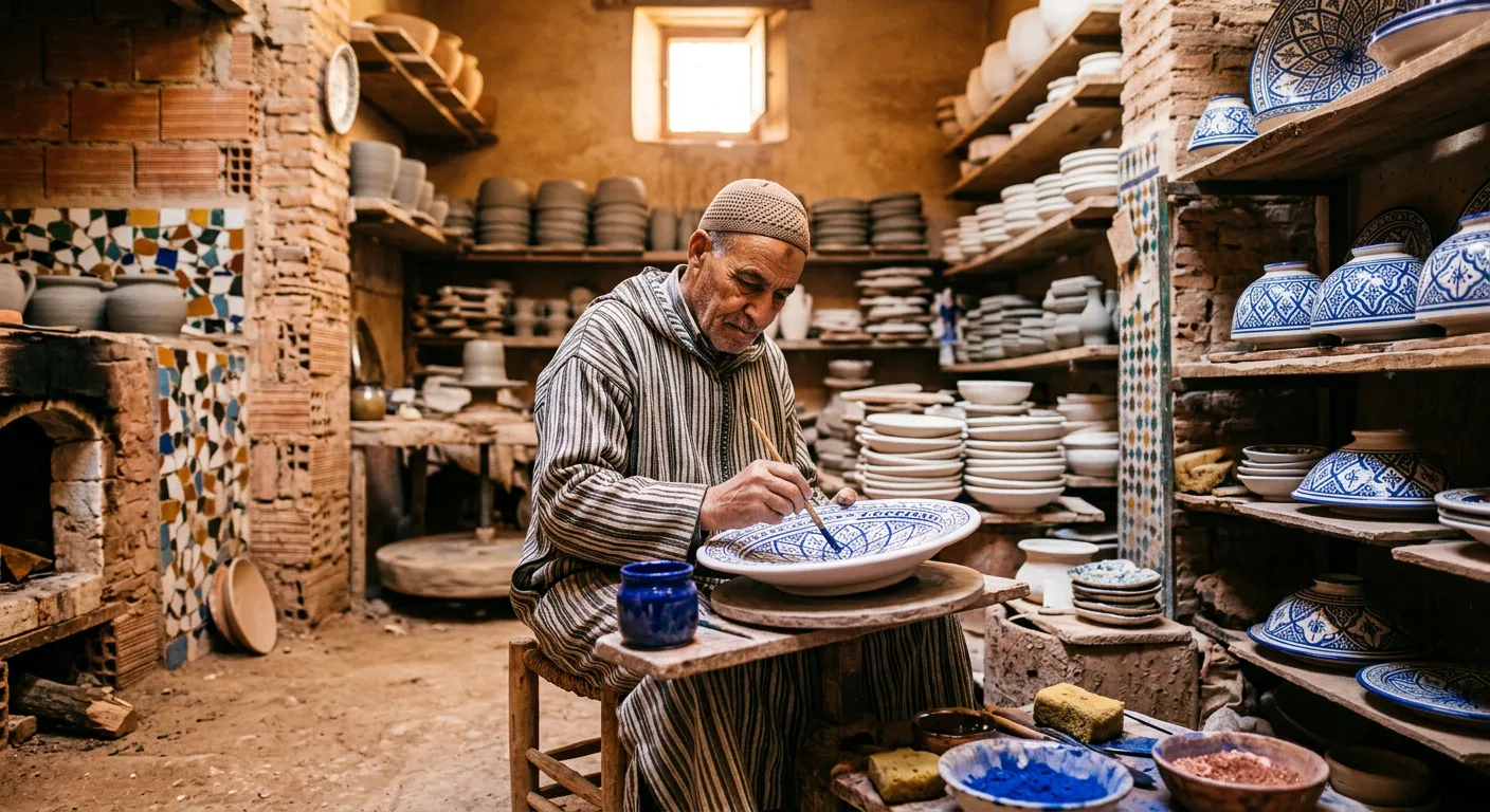 Artisan painting intricate blue and white patterns on pottery in Fes