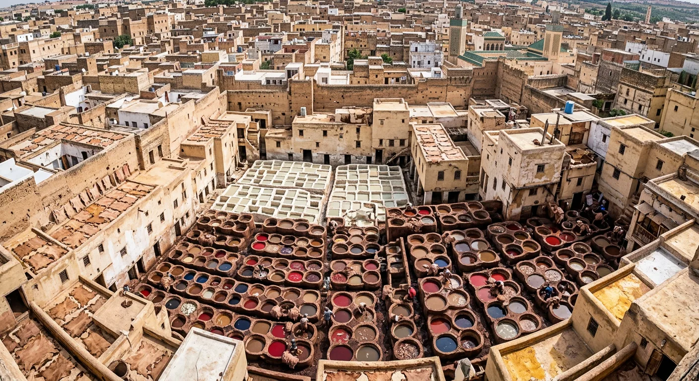 Aerial view of the colorful Chouara Tannery vats in Fes Morocco with workers processing leather - citytoursmorocco.com