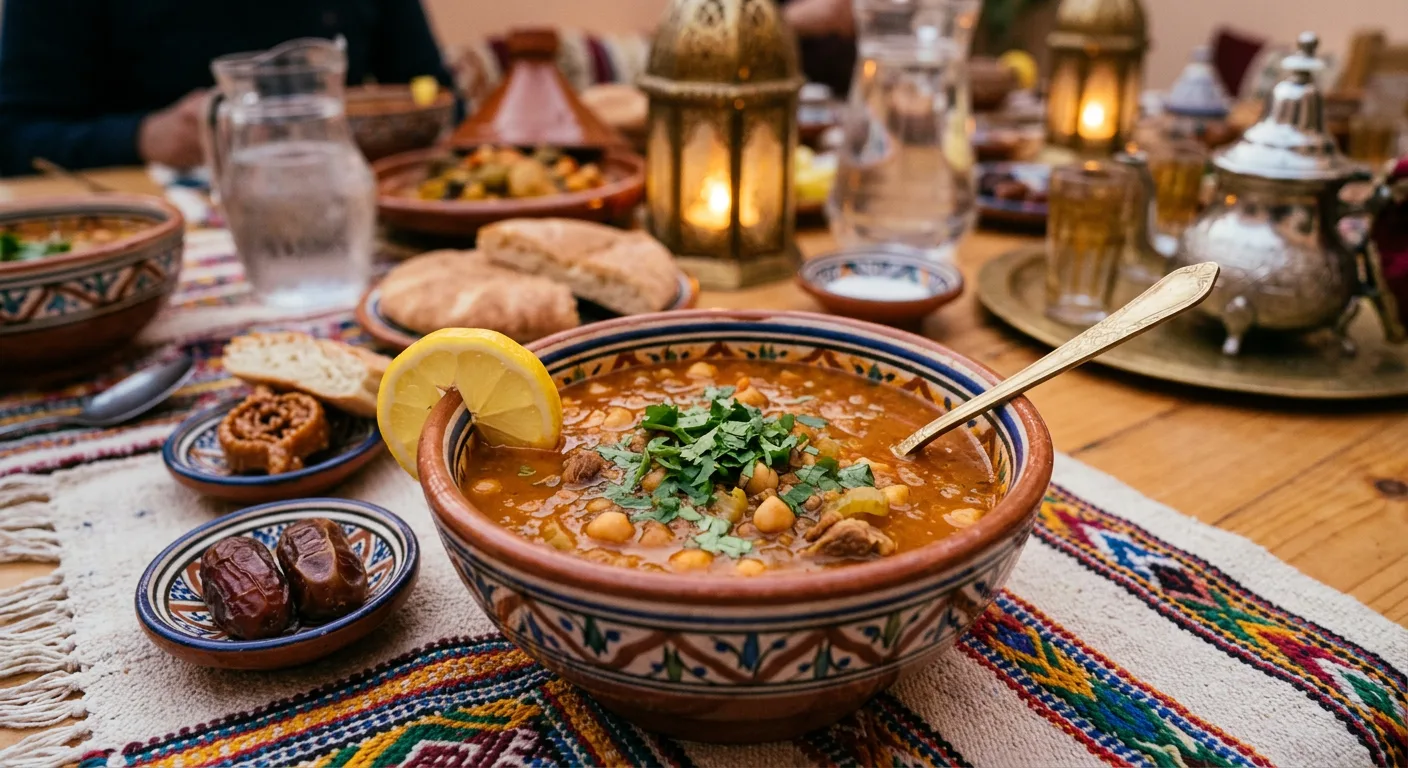 Bowl of hearty Moroccan harira soup with tomatoes, lentils, and chickpeas