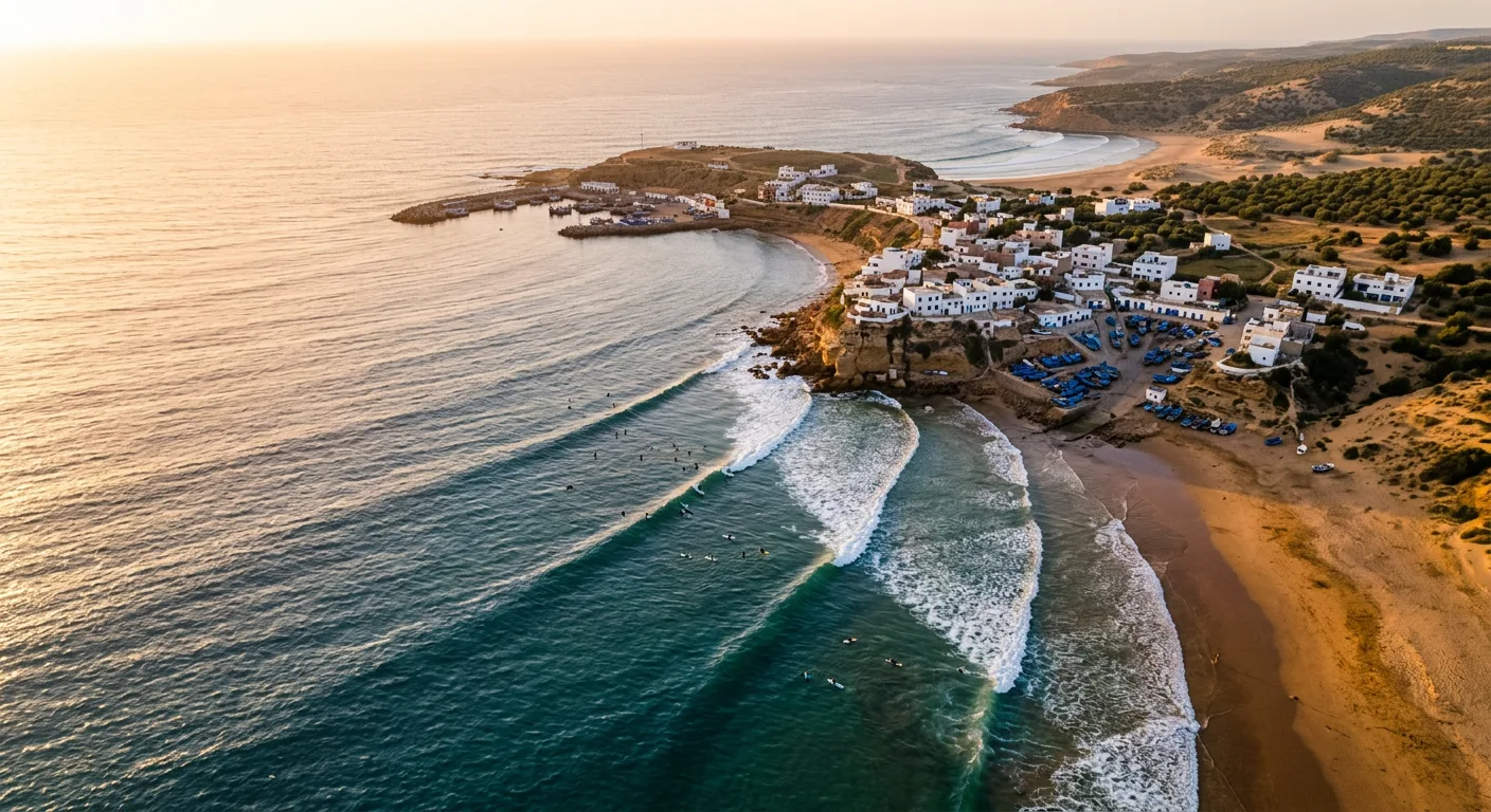 Longboarder riding the famous long wave at Imsouane bay