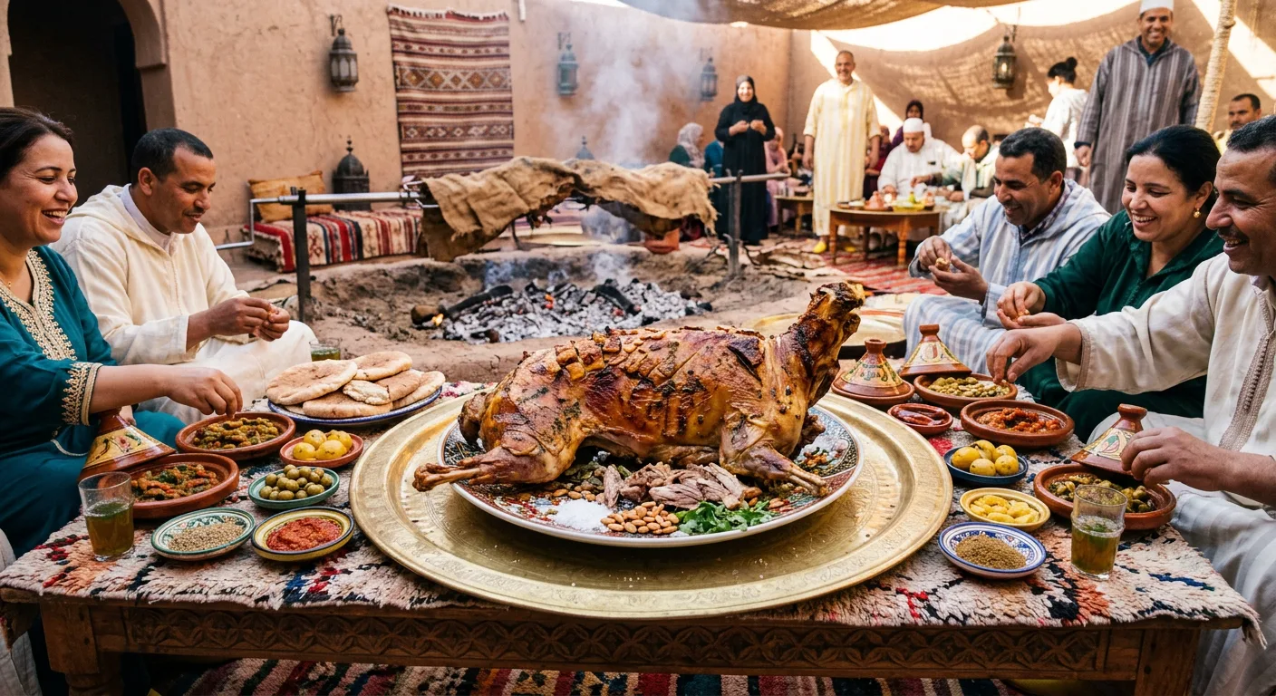 Whole roasted mechoui lamb served on a platter, a Moroccan celebration staple