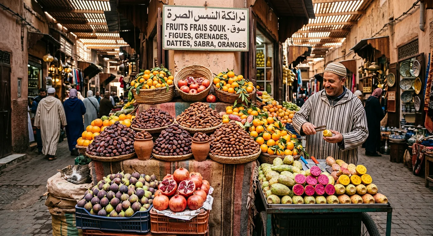 Pyramids of fresh fruit at a Moroccan market including oranges, pomegranates, and figs