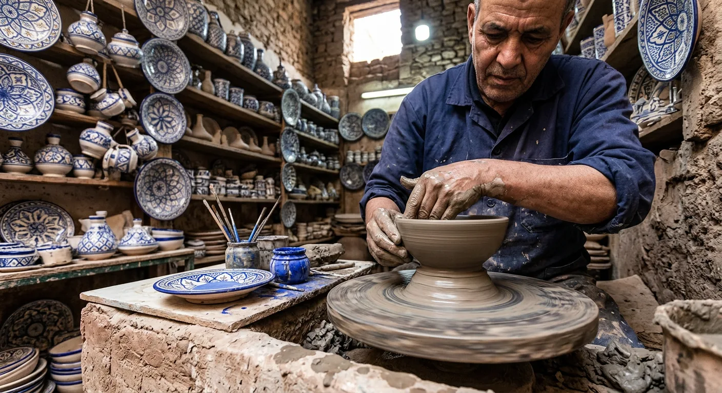 Potter shaping clay on a wheel at a traditional Moroccan pottery workshop