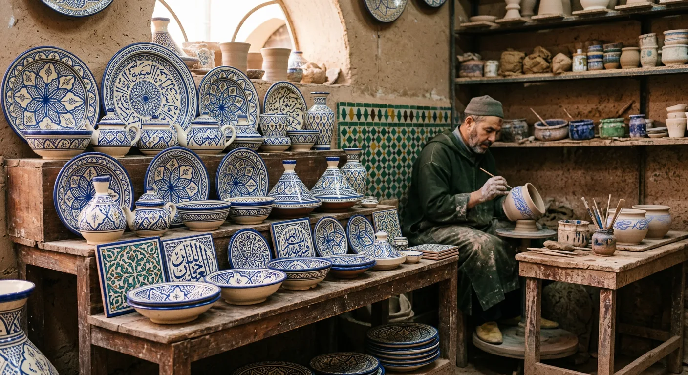 Colorful Moroccan pottery and ceramics displayed at a workshop in Safi