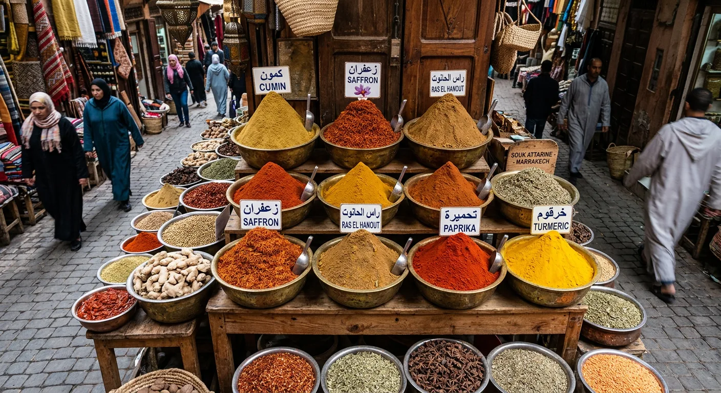 Vibrant spice cones at a Moroccan spice market including cumin, saffron, and ras el hanout