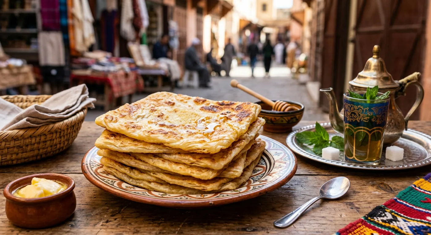 Freshly cooked Moroccan msemen flatbread with flaky layers on a griddle