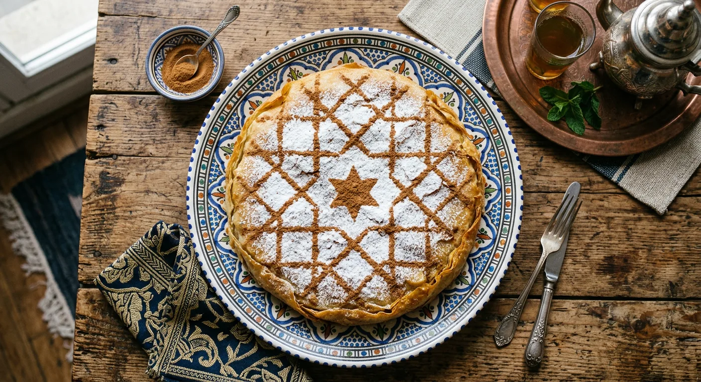 Traditional Fassi pastilla with powdered sugar and cinnamon dusting served on an ornate Moroccan plate in Fes - citytoursmorocco.com