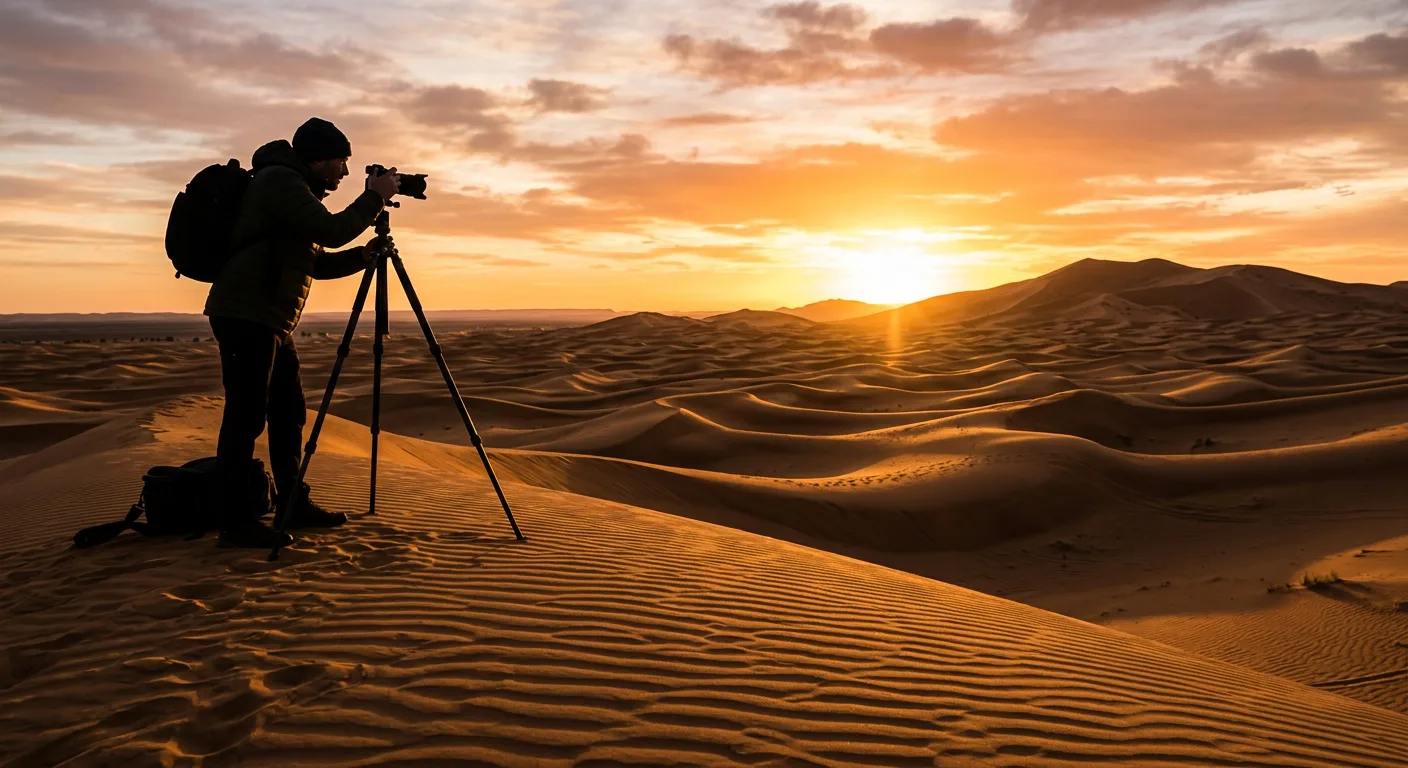 Photographer setting up a shot amid the dramatic light and shadows of the Sahara dunes
