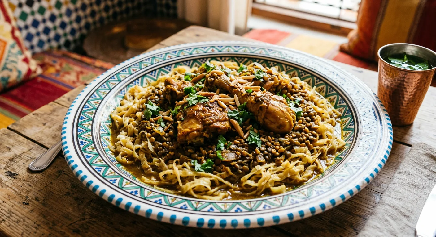 Traditional Moroccan rfissa dish with shredded msemen, lentils, and chicken in fenugreek sauce