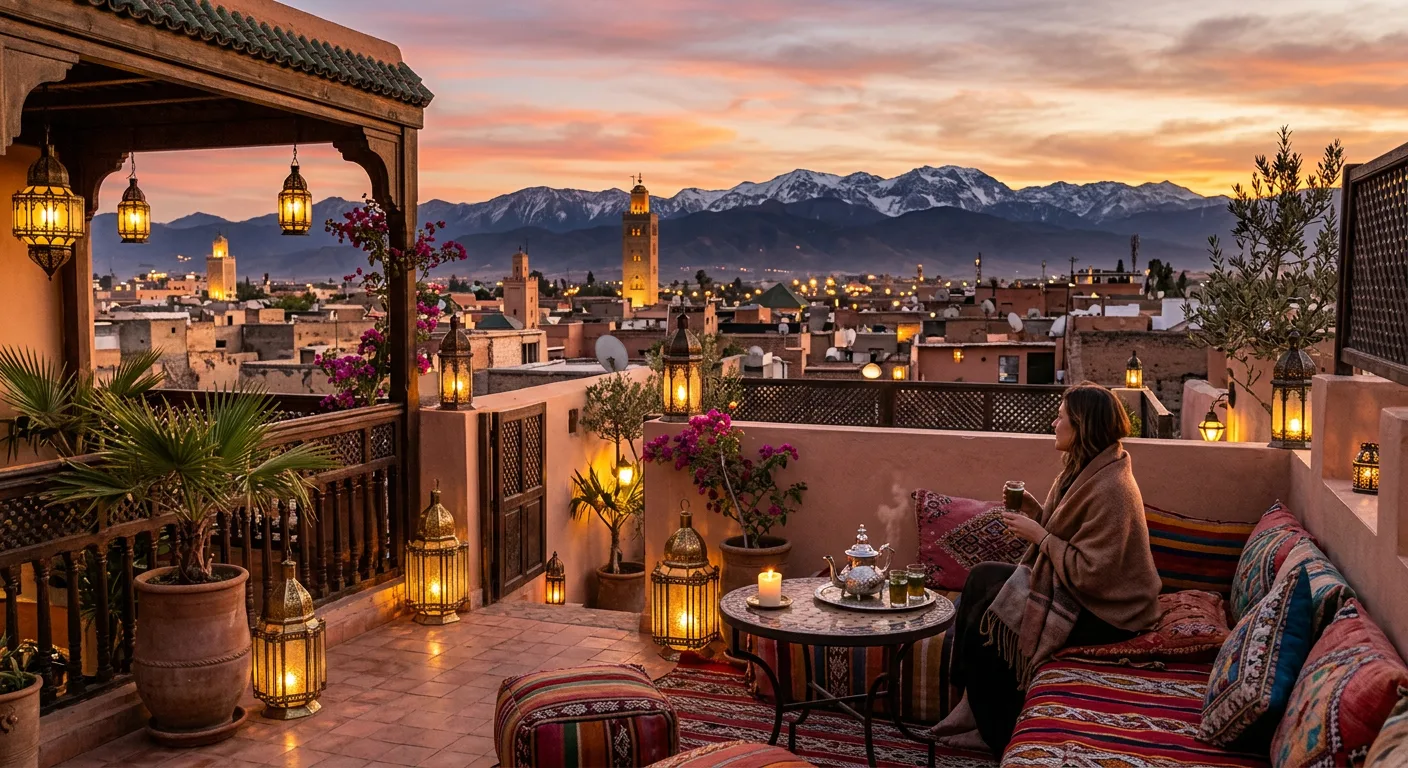View from a traditional riad rooftop terrace at sunset over Marrakech medina with minarets - citytoursmorocco.com