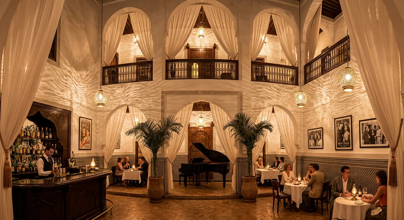 Interior of Rick's Cafe in Casablanca with Art Deco decor and atmospheric lighting