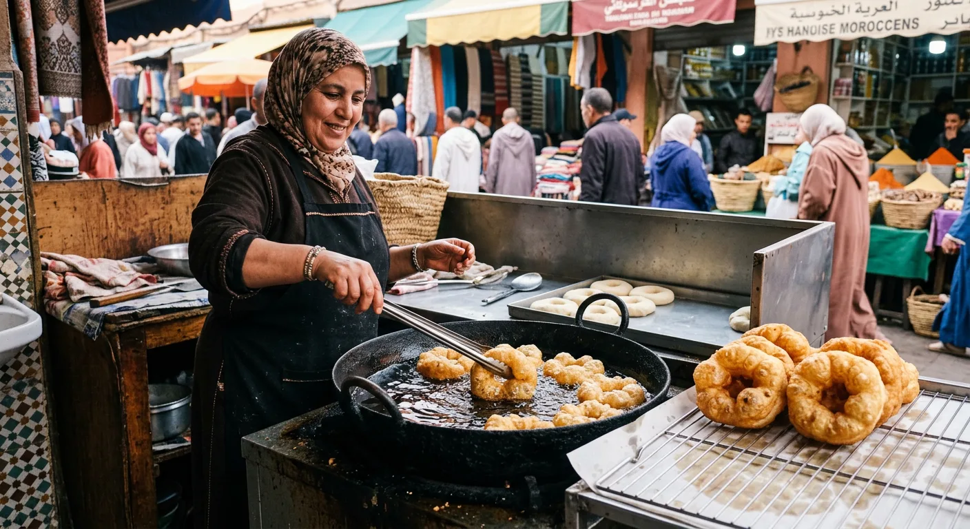 Traditional Moroccan sfenj donuts freshly fried and dusted with sugar at a street stall - citytoursmorocco.com