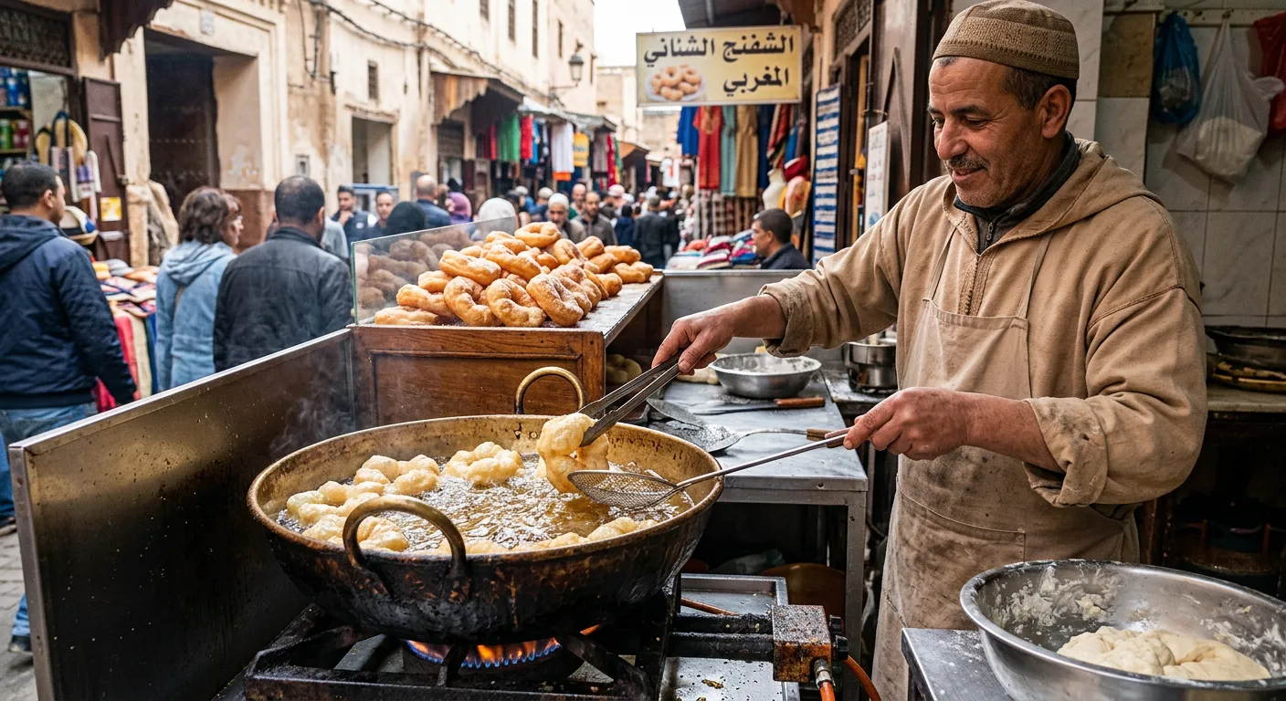 Golden Moroccan sfenj donuts freshly fried at a street vendor