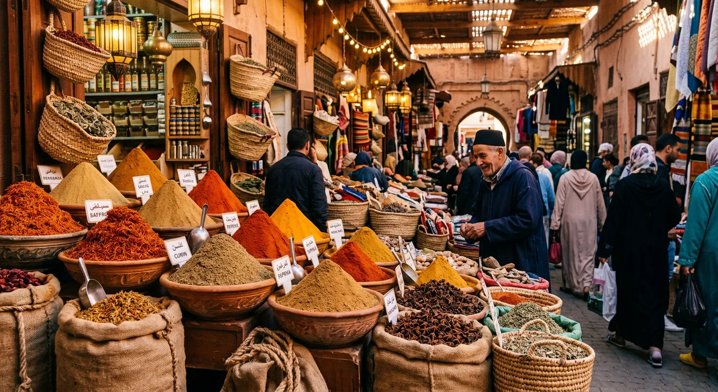 Colorful spice display in a Moroccan souk with pyramids of cumin, turmeric, saffron, and ras el hanout - citytoursmorocco.com