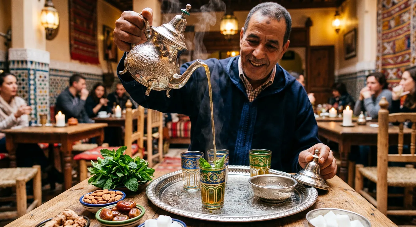 Moroccan man performing the traditional high pour of mint tea from a silver teapot into a decorated glass