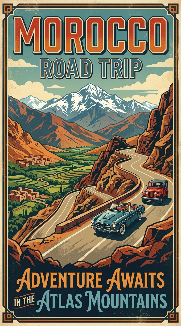 Scenic poster-style illustration of a Morocco road trip featuring a winding highway through dramatic Atlas Mountain passes and sun-drenched desert landscapes