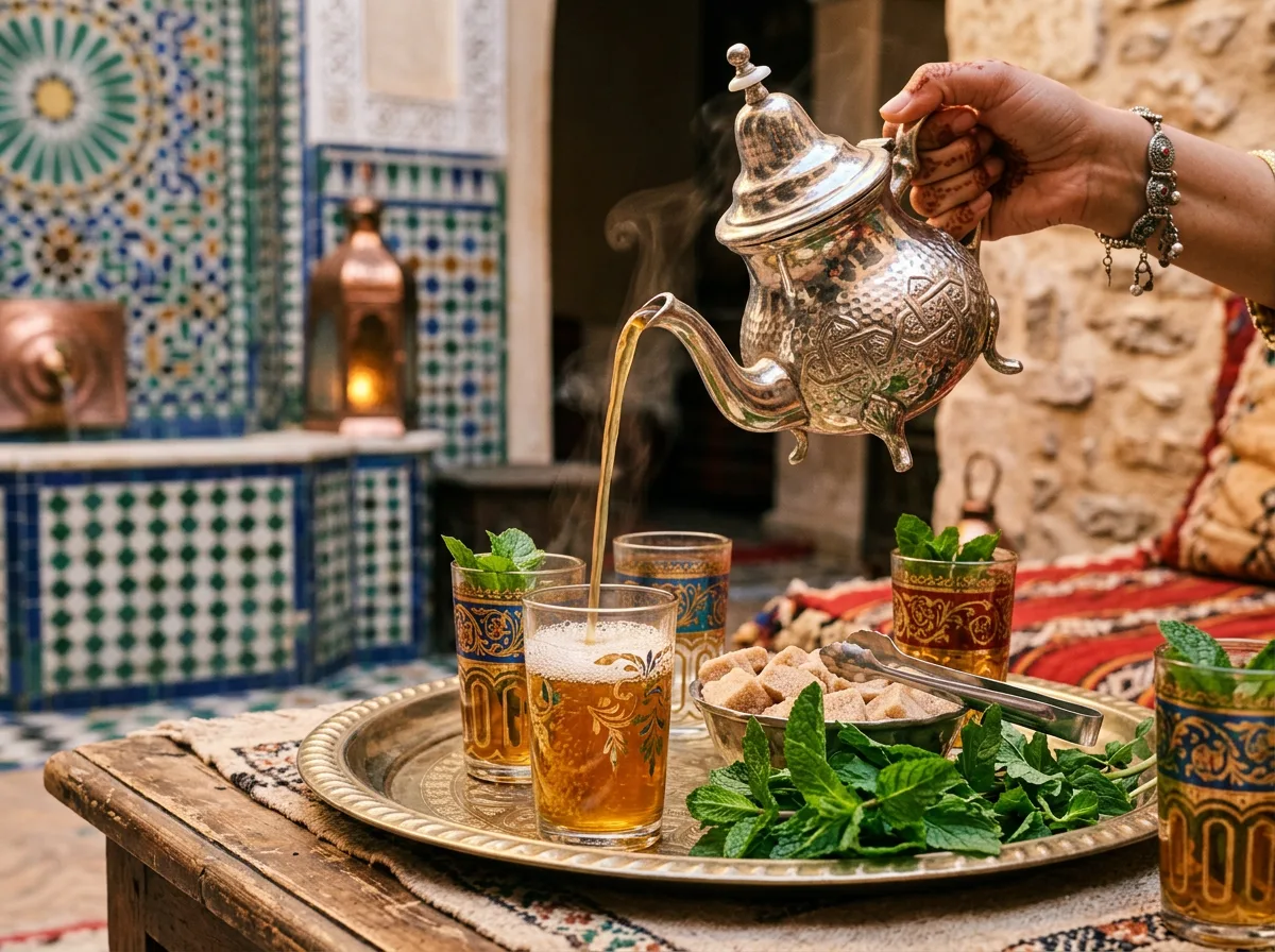 Moroccan mint tea poured from height